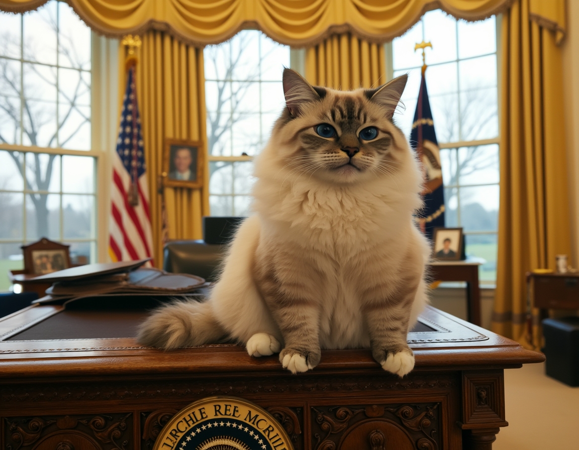Cat perched on the Resolute Desk in the Oval Office, basking in the dignified atmosphere of the new administration.